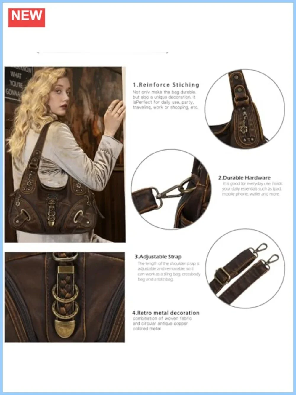 Washed PU Leather Hobo Satchel Bag Convertible Shoulder Handbag Large